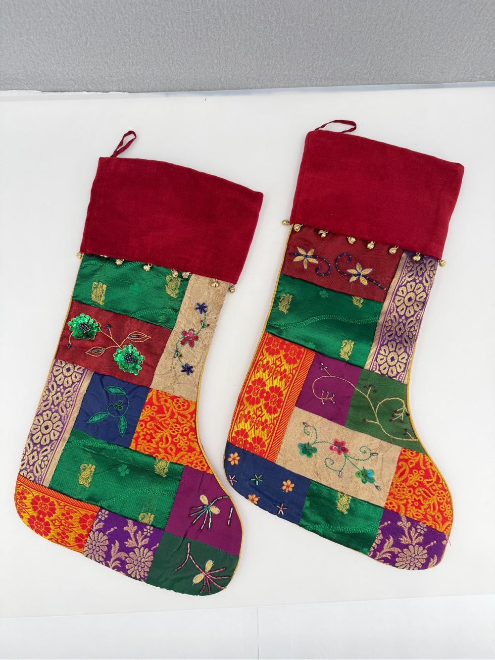 Pier 1 Imports Patchwork Beaded Embroidered Velvet Christmas Stockings Lot of 2